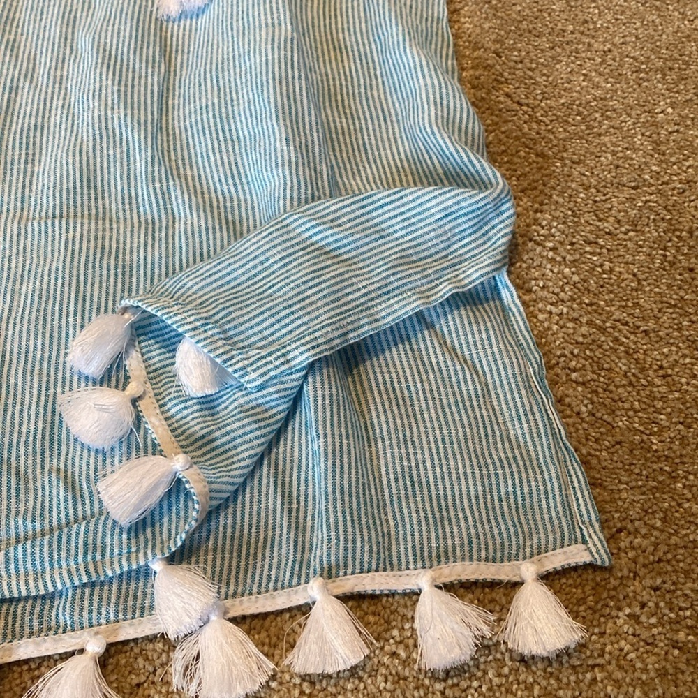 Tahari Linen Sleeveless Tassel Hem Aqua White Stripe Swim Cover Dress Sz LARGE - Picture 5 of 9
